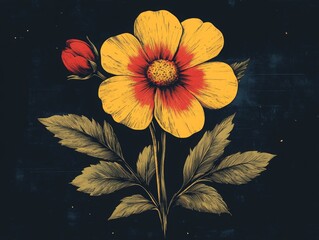 Vibrant Dahlia Blossom and Bud: An Intricate Vintage Botanical Illustration with Golden Yellow Petals, a Fiery Red Heart, and Textured Green Leaves Against a Deep, Moody Blue Background.