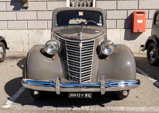 Old Fiat 1100 E, built in 1953, on exhibition during a vintage car rally in Varallo Sesia, Italy, September 29, 2025