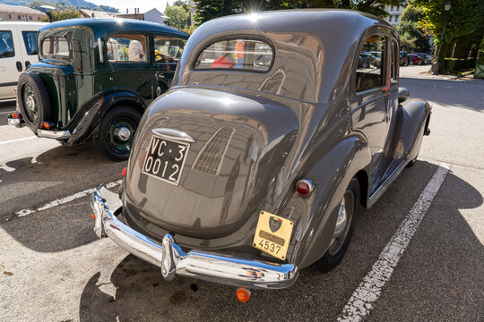 Old Fiat 1100 E, built in 1953, on exhibition during a vintage car rally in Varallo Sesia, Italy, September 29, 2025
