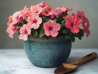 Vibrant Pink Blooming Flowers in a Textured Teal Ceramic Pot with a Golden Gardening Trowel. Fresh Floral Display, Rustic Charm, and Home Decor for Spring and Summer.