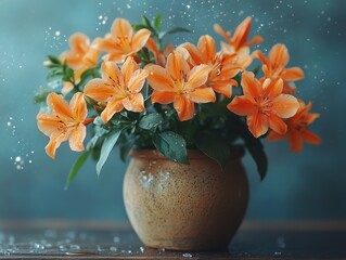 Vibrant Orange Lilies with Shimmering Dew Drops in a Rustic Terracotta Pot, set against a Tranquil Blue Background with Gentle Bokeh Lights, Evoking Freshness and Serenity.