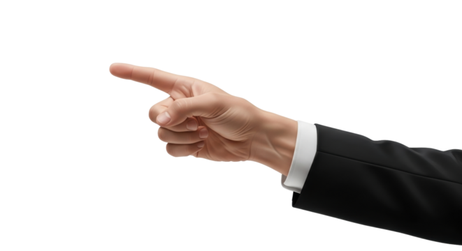 Isolated hand in a suit pointing, indicating direction, sign, or choosing something