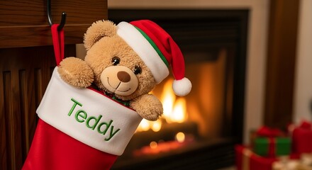 Teddy bear wearing santa hat peeks out of christmas stocking by warm fireplace