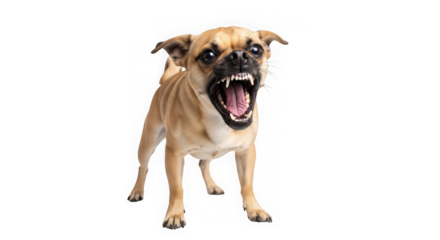 A pugchihuahua mix dog with an aggressive expression and bared teeth, isolated on transparent background