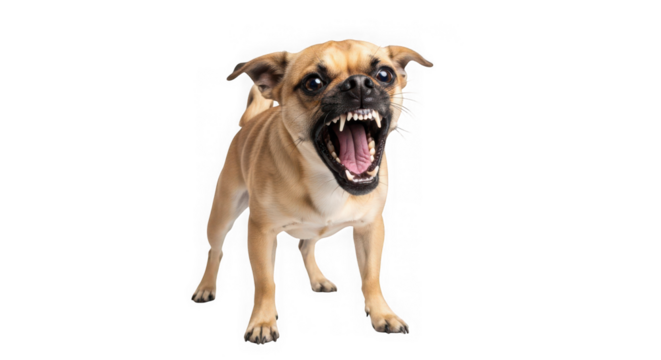 A pugchihuahua mix dog with an aggressive expression and bared teeth, isolated on transparent background - Powered by Adobe