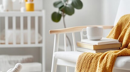 Stack of cozy winter books next to cup of tea, knitted sweater draped over chair, warm and inviting indoor scene