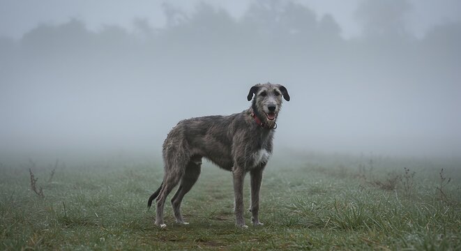 Irish wolfhound standing on green grass with foggy background
