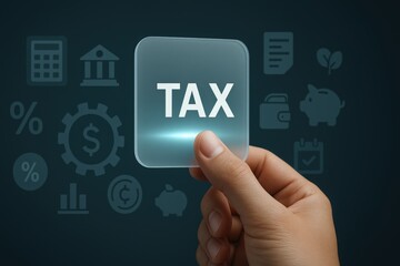 Human hand holding a glowing, transparent panel displaying the word "TAX" with various financial