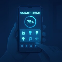 Modern illustration depicts a smartphone interface showcasing smart home controls with illuminated icons for various functionalities, displaying 75% status, hand interacts with a touch screen,...