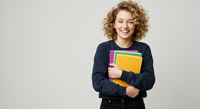 A cheerful young woman with blonde curly hair is smiling brightly while hugging a stack of colorful books, wearing a dark blue sweatshirt against a neutral background
