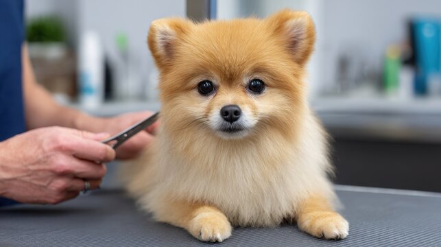 Adorable Pomeranian Dog Receiving Grooming Treatment in Professional Salon Setting