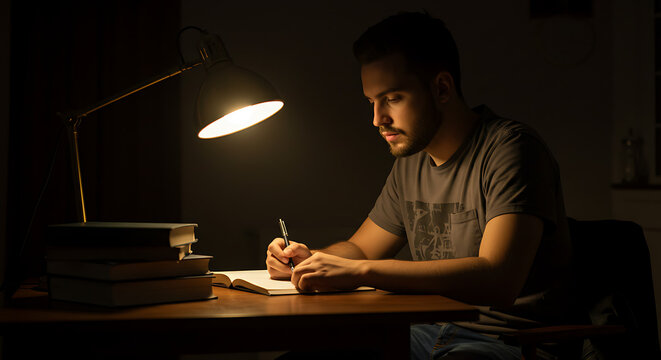 A young man with a beard is intently studying and writing on a piece of paper at a desk, illuminated by a focused desk lamp in a very dark room late at night