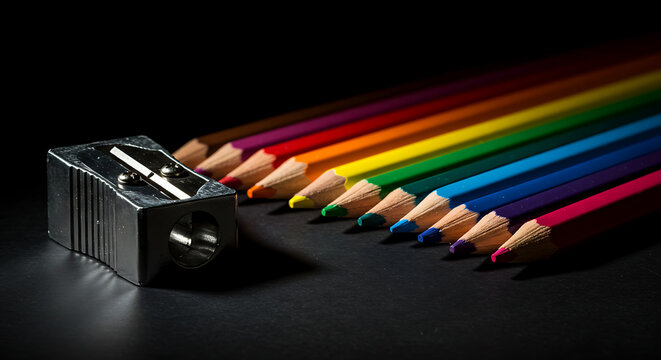 A row of ten sharpened, colorful pencils, organized in a rainbow gradient, lies next to a silver metal pencil sharpener against a dark, dramatic background