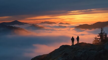 Hikers Enjoy Luminous Foggy Sunset at Alpine Lookout Over Sea
