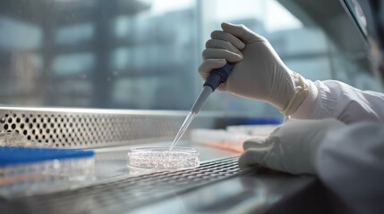 Researcher Pipetting Biomaterials onto Scaffold in Laboratory Setting
