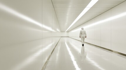Engineer Walking in Cleanroom Corridor with Reflective Floor Surface