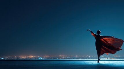 Dancer on Rooftop Helipad in City at Night with Clean Sky