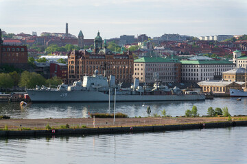 Gothenburg city skyline with HswMS Halland class destroyer Smaland and Navigation school on sunny day, Sweden