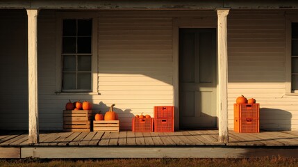 Cozy Autumn Scene with Pumpkins on Porch and Wooden Crates