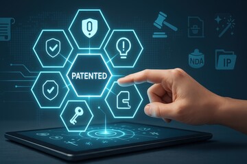 A human hand touching the digital "Patented" button on a modern tablet screen with connected hexagonal icons representing intellectual property, security, ideas, and documentation, highlighted...