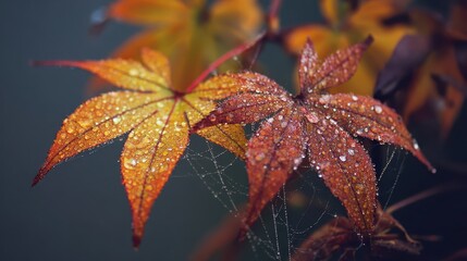 Macro View of Dewy Maple Leaves with a Tiny Spiderweb
