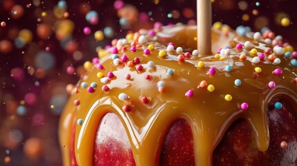 Close-Up Macro Shot of Caramel Dripping on Candy Apple with Sprinkles