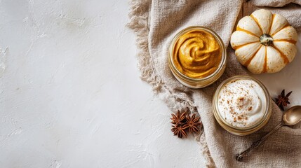Cozy Pumpkin Parfait in Jars with Seasonal Ingredients on Flat Lay