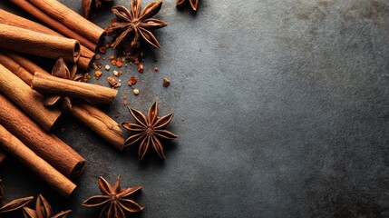 Minimal Flat Lay of Cinnamon Sticks and Star Anise on Textured Surface