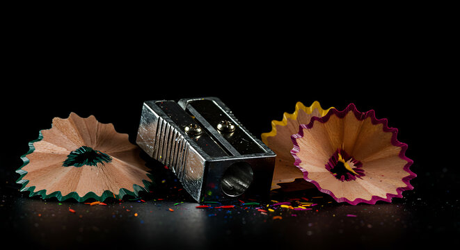 Colorful pencil shavings spiral beside a dual-hole metal sharpener, capturing the charm of everyday creativity on a dark backdrop.