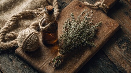 Minimal Still Life of Dried Herbs and Glass Bottle on Rustic Wood