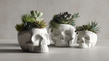 Minimal Still Life of Porcelain Skull Planters with Succulents