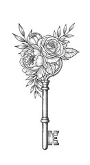 Vintage Floral Key Design Illustration.