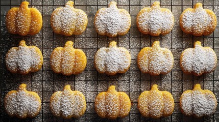 Ornate Pumpkin-Shaped Cookies on Cooling Rack with Sugar Dusting