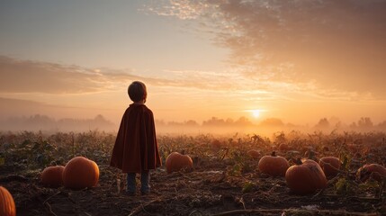 Child in Cape Picking Pumpkin at Sunrise in a Serene Patch