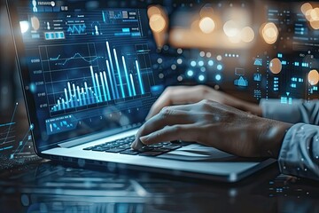 Businessperson using laptop with data graphs
