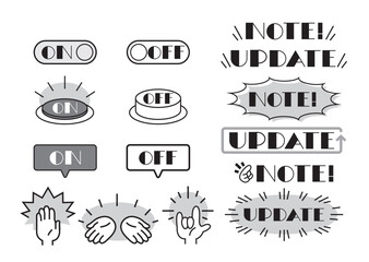 資料用 Icon Set (monochrome)– プレゼン資料に使える ON/OFF・NOTE・UPDATE・ハンドサイン アイコン集(白黒)