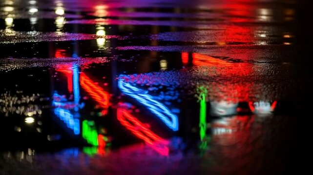 Neon Reflections: Vibrant City Lights Dancing on Wet Pavement at Night