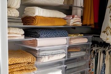 A group of clear acrylic closet organizers with sliding compartments.