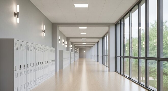 Modern Bright School Hallway Interior Design with Lockers and Windows