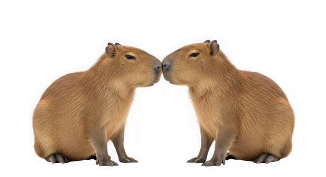 Two capybaras facing each other with their noses touching, isolated on transparent background