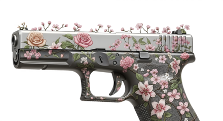 Upscaled firearm with intricate floral pattern, blending weaponry with delicate botanical art style.