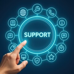 Digital interface showcases a glowing "SUPPORT" button activated by a finger, surrounded by interconnected icons symbolizing technical assistance and global accessibility against a deep blue...