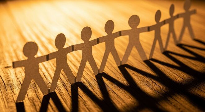 A row of paper cut-out human figures standing together on a wooden surface, with warm, golden lighting casting shadows behind them, symbolizing unity, teamwork, and community.