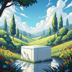 Serene Countryside with a Cube.