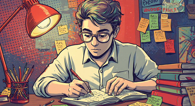 A young man with glasses and a white shirt is intensely focused on writing in an open book at a desk, illuminated by a red desk lamp in a vibrant pop art style
