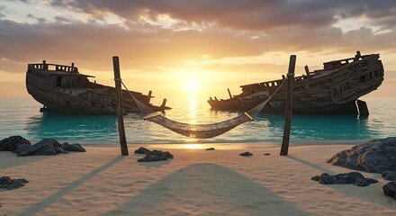 Hammock on beach between shipwrecks at sunset