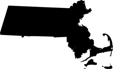 black vector silhouette map of the Commonwealth of Massachusetts, isolated on a neutral background.
