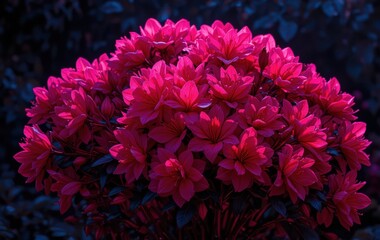 Obraz premium A vibrant bouquet of pink flowers, showcasing lush petals and rich green leaves, set against a dark background for striking contrast.