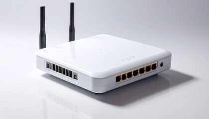 White wireless router with two black antennas and five Ethernet ports on sleek surface—symbolizing connectivity, infrastructure, and the digital choreography of access, signal, and flow.