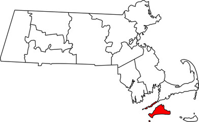 Detailed vector map of Massachusetts highlighting Dukes County, an administrative region consisting primarily of the famous island of Martha's Vineyard.

